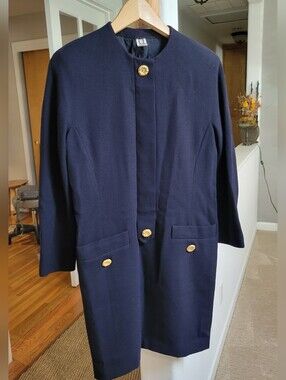 Vintage Anne Klein Navy 100% Wool Blaze Lined Dress Size S ,